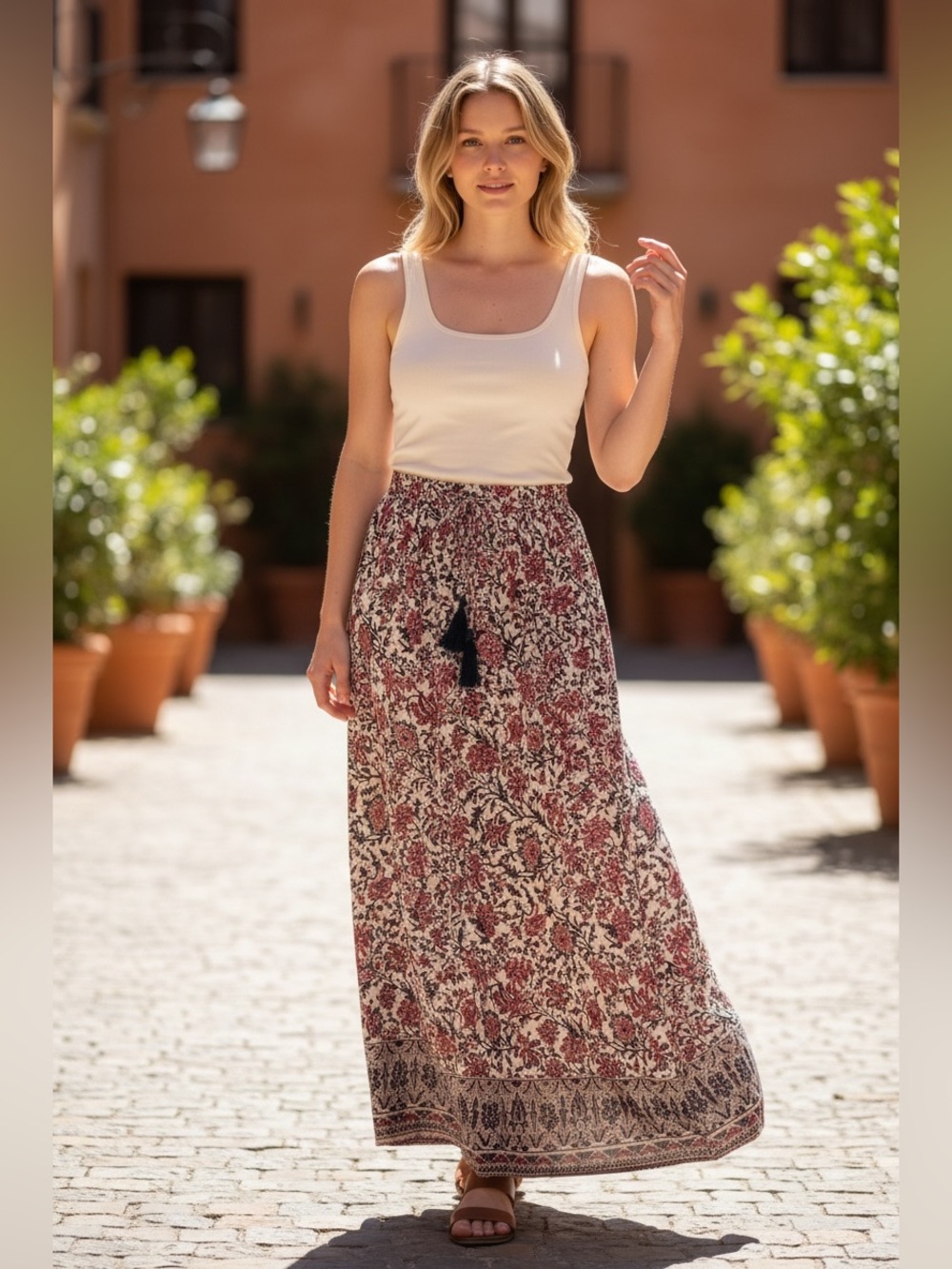 Lizard Thicket White Maxi Skirt with Pink & Black Floral Print